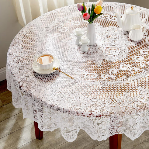 Juvale Round White Lace Tablecloth - Polyester Table Cover for Wedding Reception, Vintage Round Cover with Scalloped