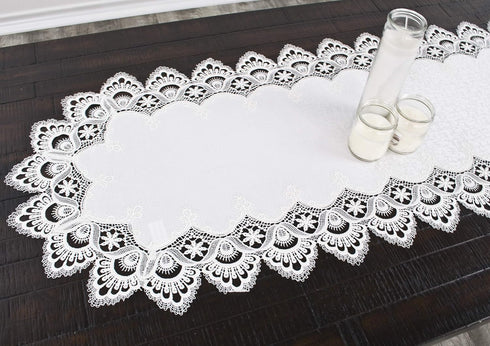 White Jacquard Peacock Tail European Lace Table Runner, Dresser Scarf, Wedding Décor