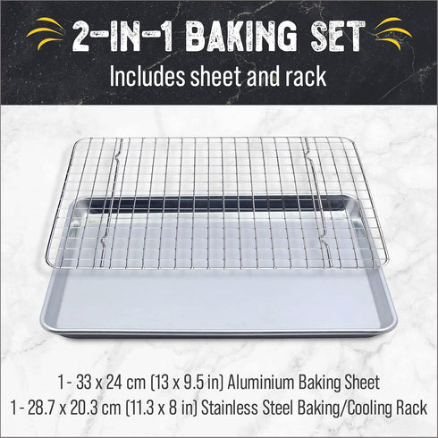 Checkered Chef Baking Sheets for Oven - Quarter Sheet Pan with Stainless Steel Wire Rack Set 1-Pack - Easy Clean Cookie Sheets, Aluminum Bakeware by Checkered Chef