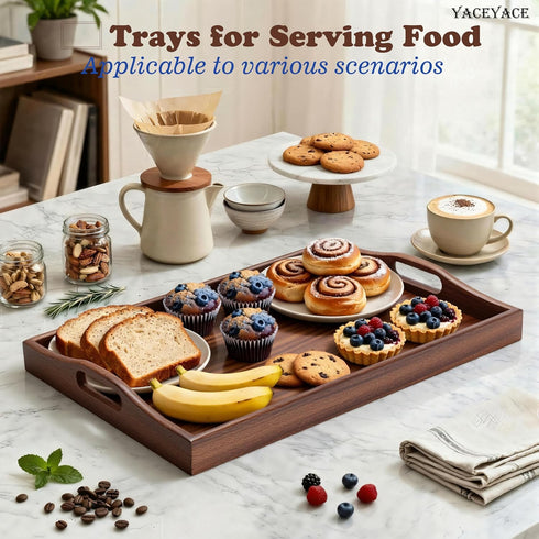 YACEYACE 15.7"x12"x2" Wood Serving Tray for Ottoman, Medium Wodden Serving Tray with Handles for Coffee Table, Wood