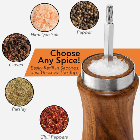 Set: 8 Inches Gennua Kitchen Wooden Salt and Pepper Grinder Refillable Salt & Pepper Mills Adjust for Customized