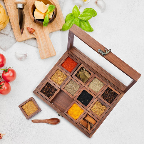 12 1 Ajuny Wooden Spice Box - Masala Dabba Organizer with Glass Lid on Top, Removable Compartments and Designer Spoon