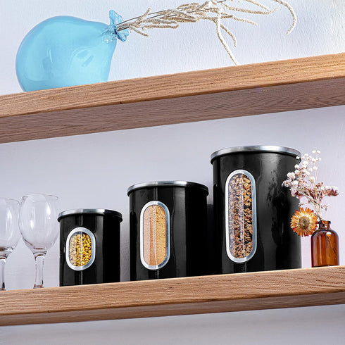 Mixpresso 3-Piece Black Kitchen Canisters Set, Airtight with See-Through Window for Coffee, Tea, Sugar