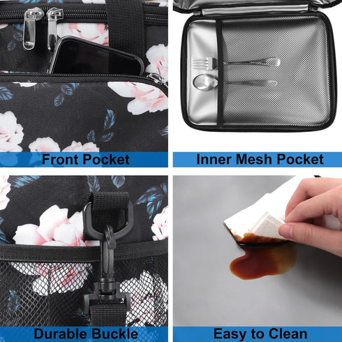 Femuar Lunch Bags for Women/Men: Insulated Lunch Cooler Bag with Adjustable Shoulder Strap - Pink Flower