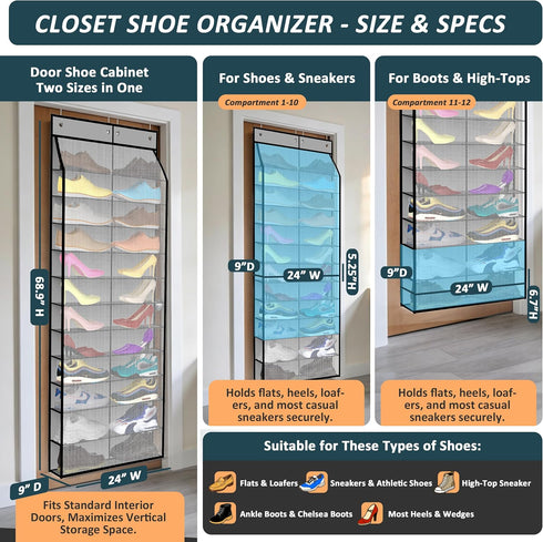 Kotkn 24-Pair Over Door Shoe Organizer for Family & Kids, Double Sided | Hanging Storage for Sneakers, Boots, Toys