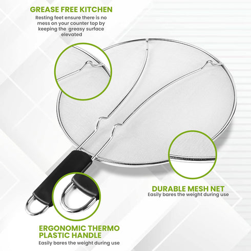 13" Grease Splatter Screen for Cooking, Stainless Steel Oil Guard, Ultra-Fine Mesh, TPR Tight-Grip Handle (Black)