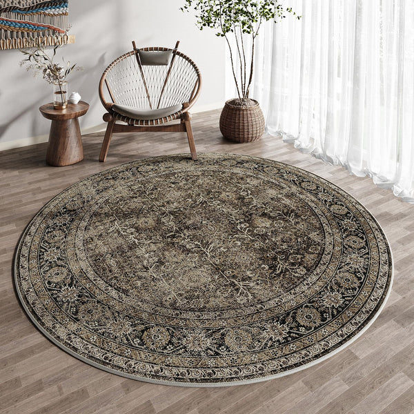 Brown Round Area Rug - 3ft Entryway Rug, 3x3 Circle Vintage Indoor Kitchen Washable Door Mat, Living Room Carpet,