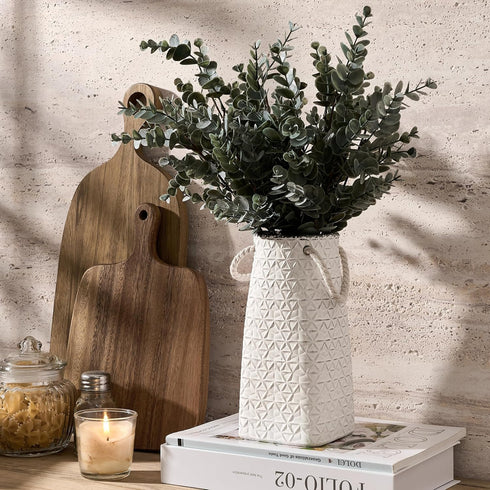 8.66 inch Vaseking Elegant White Petite Vase, Ceramic Modern Minimalism Geometric Texture Purse Vase with Hanging Rope