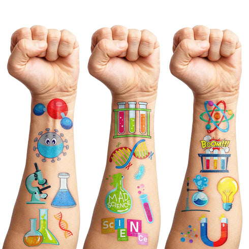 96PCS Funny Science Temporary Tattoos, Mad Scientist Laboratory Birthday Party Decorations, Math Chemistry Experiment