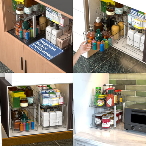 SuoXing 12.8" Tall 2 Tier Bathroom Cabinet Organizer, Set of 2 Clear Pull-Out Under Sink Organizers