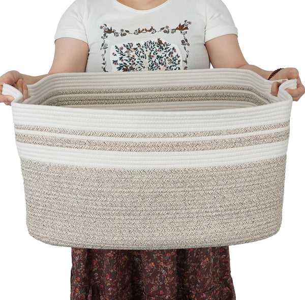 Large Rectangle Blankets Basket, 22"x17"x12" Woven Cotton Rope Storage Basket for Nursery Toy Basket, White Brown