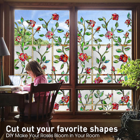 Windimiley 3D Rose Stained Glass Window Privacy Film, Non Adhesive Flower Window Tint for Bathroom (16.9 x 39.4 in)