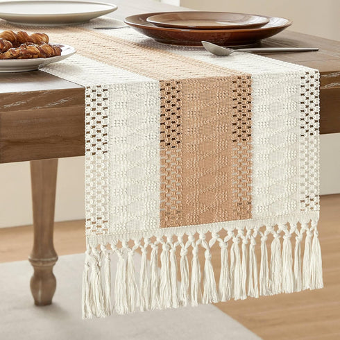 ZeeMart Macrame Style Bicolor Stitching Table Runner, 14 x 108 Inch Beige/Ivory,