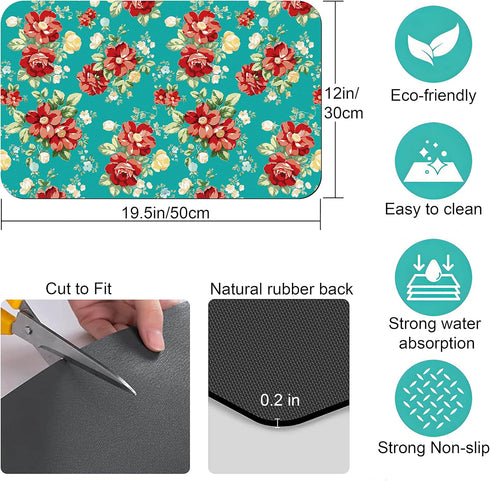 Coffee Bar Mat Accessories for Countertop, Pioneer Flower Rubber Backed Dish Drying Mats, 20x12in, Fit Under Coffee