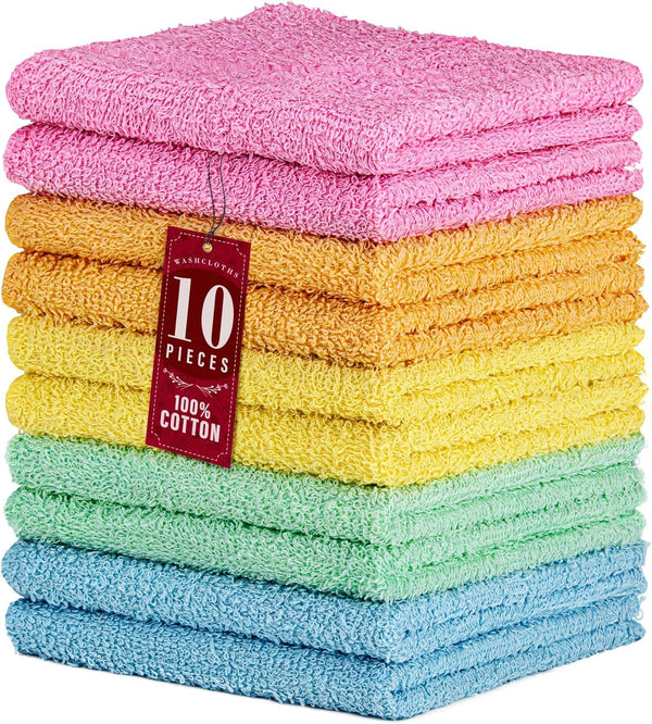 DecorRack 10 Pack 100% Cotton Wash Cloth, 12 x 12 Inch Ultra Absorbent, Assorted Colors