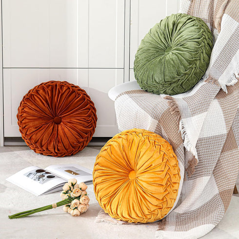 2 15'' Drydiet Pcs Round Throw Velvet Pillows Decorative Pleated Throw Pillows Diameter Accent Pumpkin Boho Chair