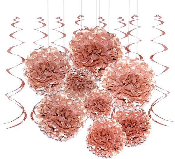 Rose Gold Bachelorette Party Hanging Decorations, Wedding Party Foil Swirls, Tissue Paper Pom Poms, Flowers, Bridal