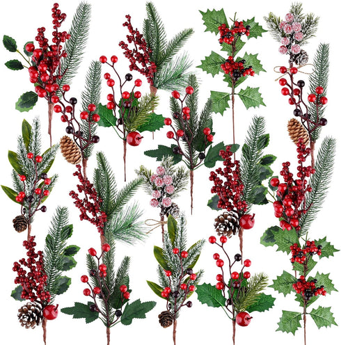 MIAHART 18 Pcs Christmas Picks Artificial Pine Branches Red Berry Stems Pine