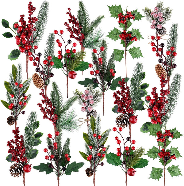 MIAHART 18 Pcs Christmas Picks Artificial Pine Branches Red Berry Stems Pine