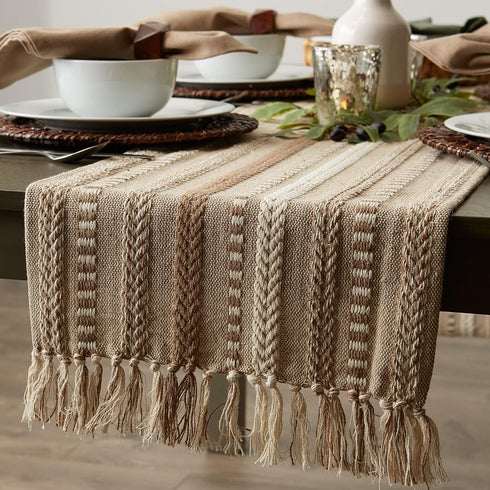 15x72 (15x77, DII Farmhouse Braided Stripe Table Runner Collection, Fringe Included), Stone