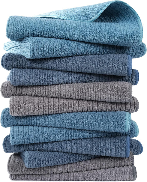 POLYTE Premium Microfiber All-Purpose Ribbed Terry Kitchen Towel, 12 Pack (Blue, Gray,