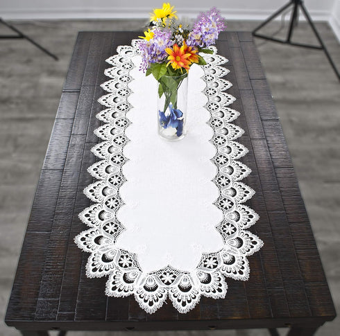 White Jacquard Peacock Tail European Lace Table Runner, Dresser Scarf, Wedding Décor