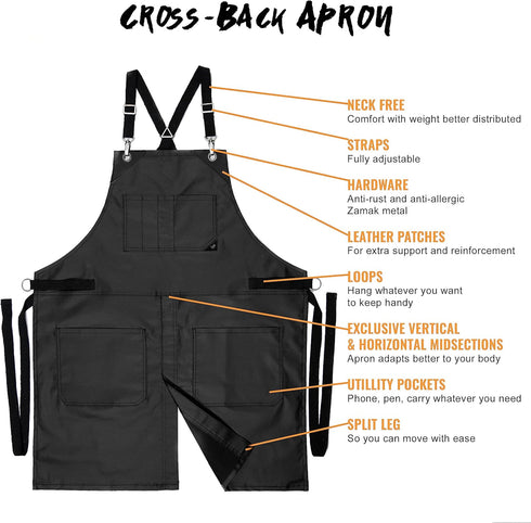 Under NY Sky Cross-Back Black Apron, Adjustable for Men, Women, Pro Barber, Tattoo, Hair Stylist, Server