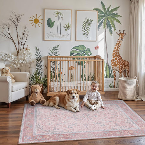 5x7 Pink Area Rug Washable Rugs Floral Vintage Tumble Carpet for Living Room Bedroom Nursery Room Playroom Dining Room