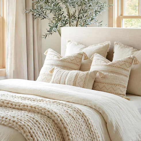 18X18 BlissBlush Throw Pillow Cover, Cream Neutral Beige Square Decorative Cushion Cover, Boho Accent Pillowcase