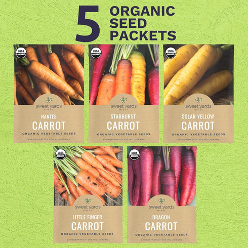 Pack 5 Packs 2026 Organic Carrot Seeds Variety - Individual - Season - Nantes, Little Finger, Dragon, Solar Yellow