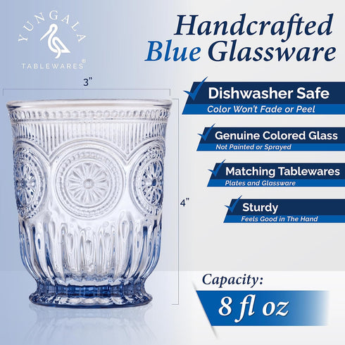 Yungala Blue Glassware Set of 6 Small Dishwasher Safe Colored Glasses, Matching Highball and Wine Glasses Available