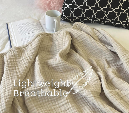 KyraHome 100% Organic Cotton Muslin Blankets, 50"x60" Lightweight Plant-Dyed Throw Blanket (Oatmeal Khaki)