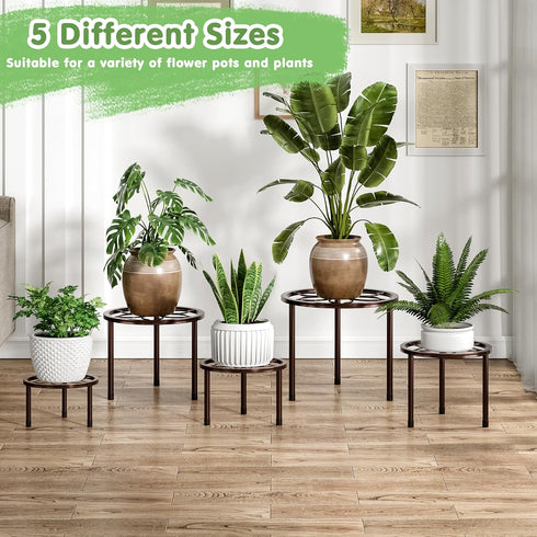 Set 5, VECELO Metal Plant Stands of Multiple Heavy Duty Flower Pot Stand, Round Plant Holder, Brown