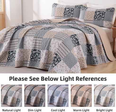 Set 3 Set, Set 90"x96" Mybedsoul Patchwork Quilt Queen Size, Pieces Blue Brown Floral Plaid Bedspread Coverlet