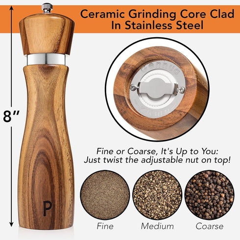 Set: 8 Inches Gennua Kitchen Wooden Salt and Pepper Grinder Refillable Salt & Pepper Mills Adjust for Customized