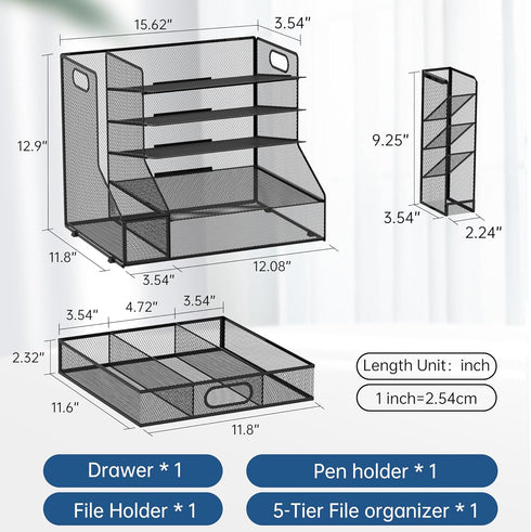 SUPEASY Desk Organizer, 5-Tier Mesh Paper Letter Tray with File Holder, Drawer, and 3 Tilted Sorter, Black