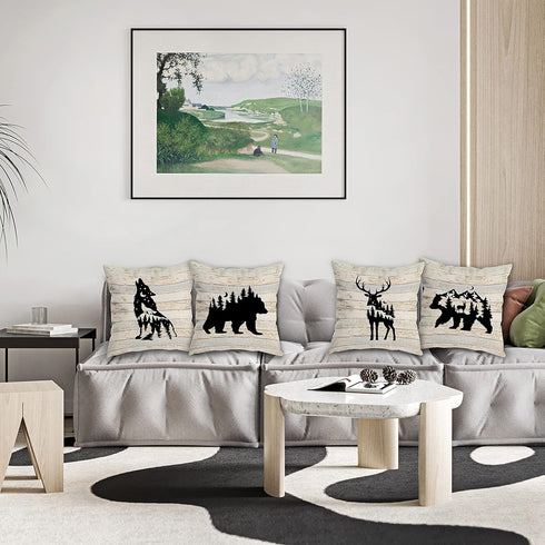 Woodland Wild Animal Throw Pillow Covers - Wolf Elk Bear Deer Camping Decor Set of 4 for Wildlife Lovers