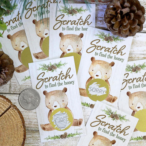 DISTINCTIVS Woodland Teddy Bear Baby Shower Scratch Off Party Game - 28 Cards for Gender Reveal Activity