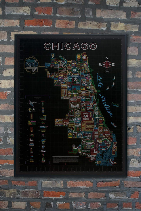 Neon Neighborhood Map of Chicago Poster, Chicago Gift and Wall Art