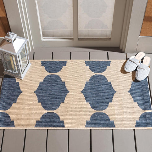 SAFAVIEH Courtyard Collection Accent Rug, 2' x 3'7", Beige & Blue, Non-Shedding, Indoor/Outdoor Washable Rug