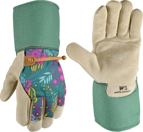 Wells Lamont Women's Botanical Print Leather Palm Pruning Gardening Gloves, Medium (4183M)