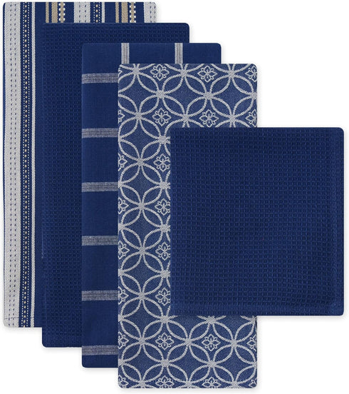 DII Assorted Woven Kitchen Set, 5 Piece, Nautical Blue, Dishtowel 18x28, Dishcloth 13x13