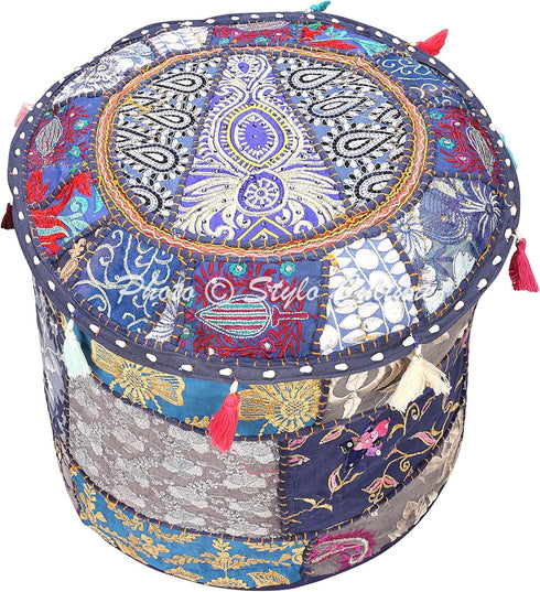 Ethnic Ottoman Cover Round Indian Patchwork Embroidered Pouffe, Blue Cotton Floral Footstool (18x18x13)