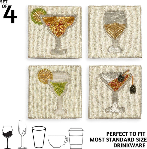 Set 4 (4")| Folkulture Coasters of Beaded Cocktail Handmade Square Drink Coasters for Coffee Table & Bar | Boho Home