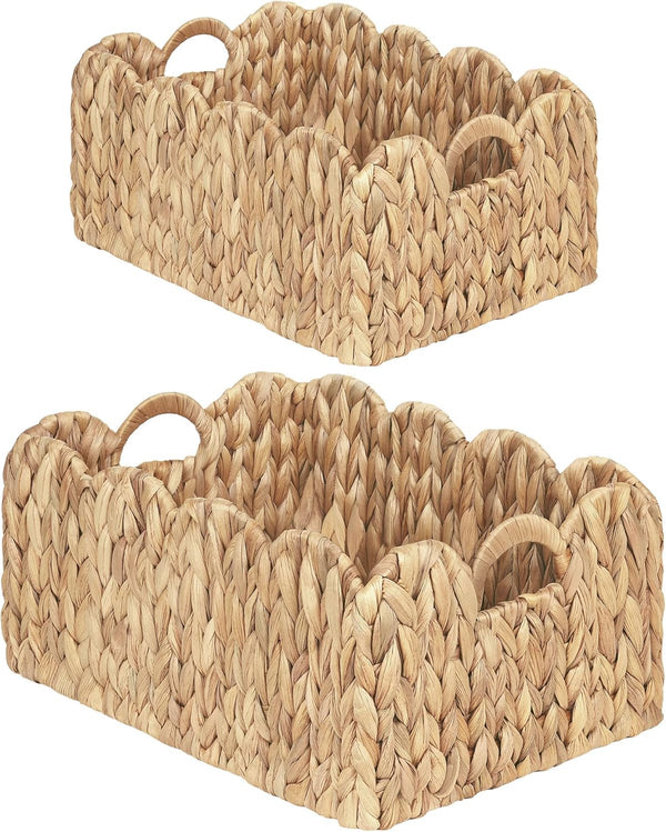 iEGrow Scalloped Wicker Basket, Set of 2 Woven Rattan Natural Water Hyacinth