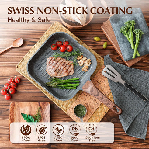 SENSARTE Nonstick Grill Pan for Stove Tops, Versatile 9.5 Inch Griddle with Pour Spouts for Indoor & Outdoor