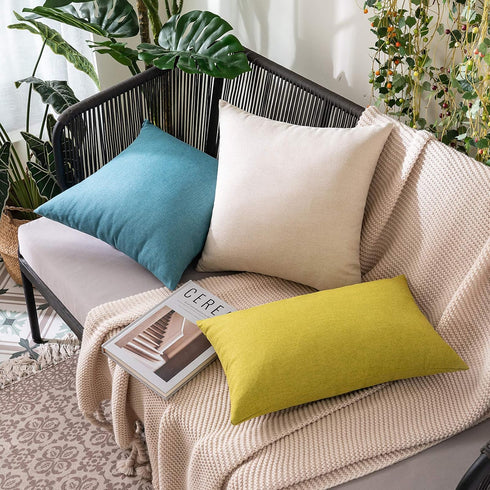 MIULEE Decorative Outdoor Throw Pillow Covers, 2 Pack Solid Waterproof Faux Linen Cushion Cases 18x18 Inch Beige