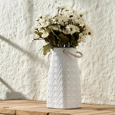 8.66 inch Vaseking Elegant White Petite Vase, Ceramic Modern Minimalism Geometric Texture Purse Vase with Hanging Rope