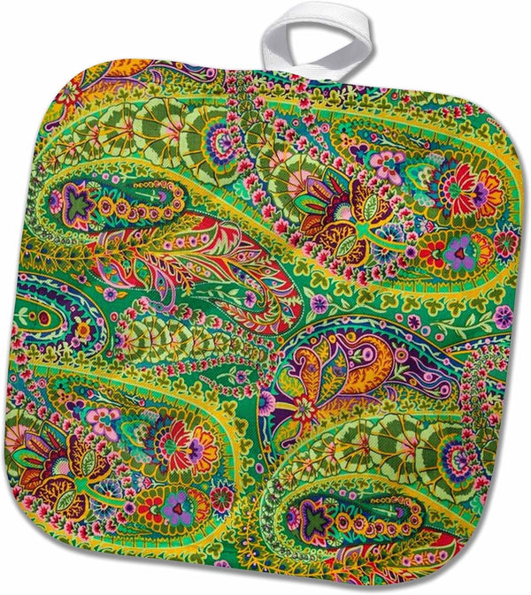 3D Rose N Paisley with Bird Pot Holder, 8" x 8", Orange and Turquoise