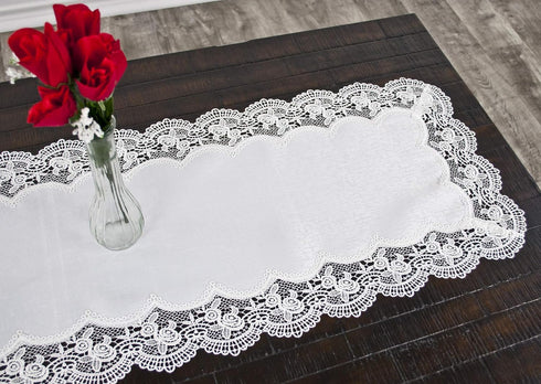 White Royal Rose European Antique Lace Jacquard Table Runner, Dresser Scarf (16Wx36L)